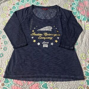 NEW Indian Motorcycle Womens Large Navy Blue Lace Back Graphic 3/4 Sleeve Shirt